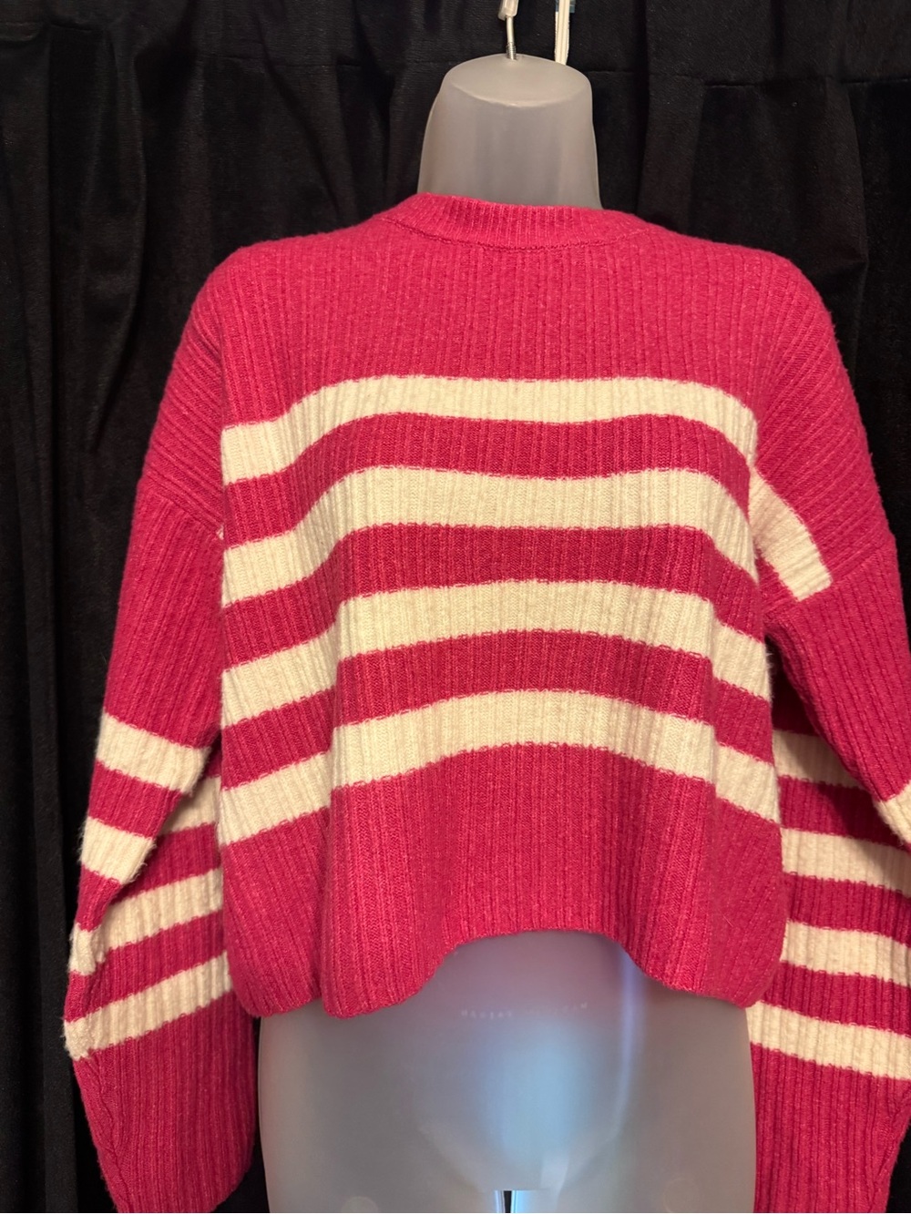 Pink Republic Fuchsia and Cream Striped Ribbed Crewneck Sweater